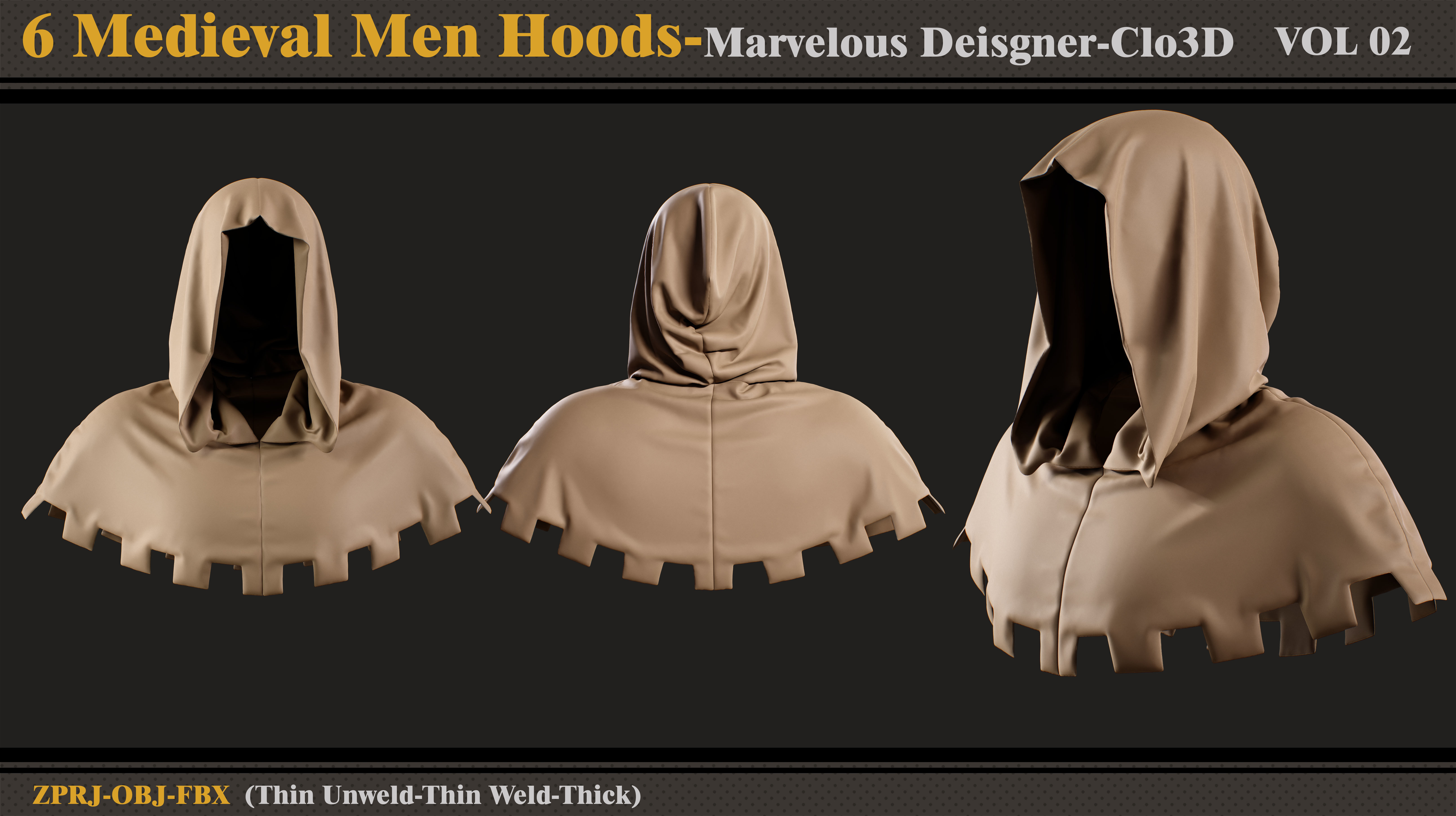 6 Medieval Men Hoods-Md-Clo3D-ZPRJ-FBX -OBJ 3D model_4