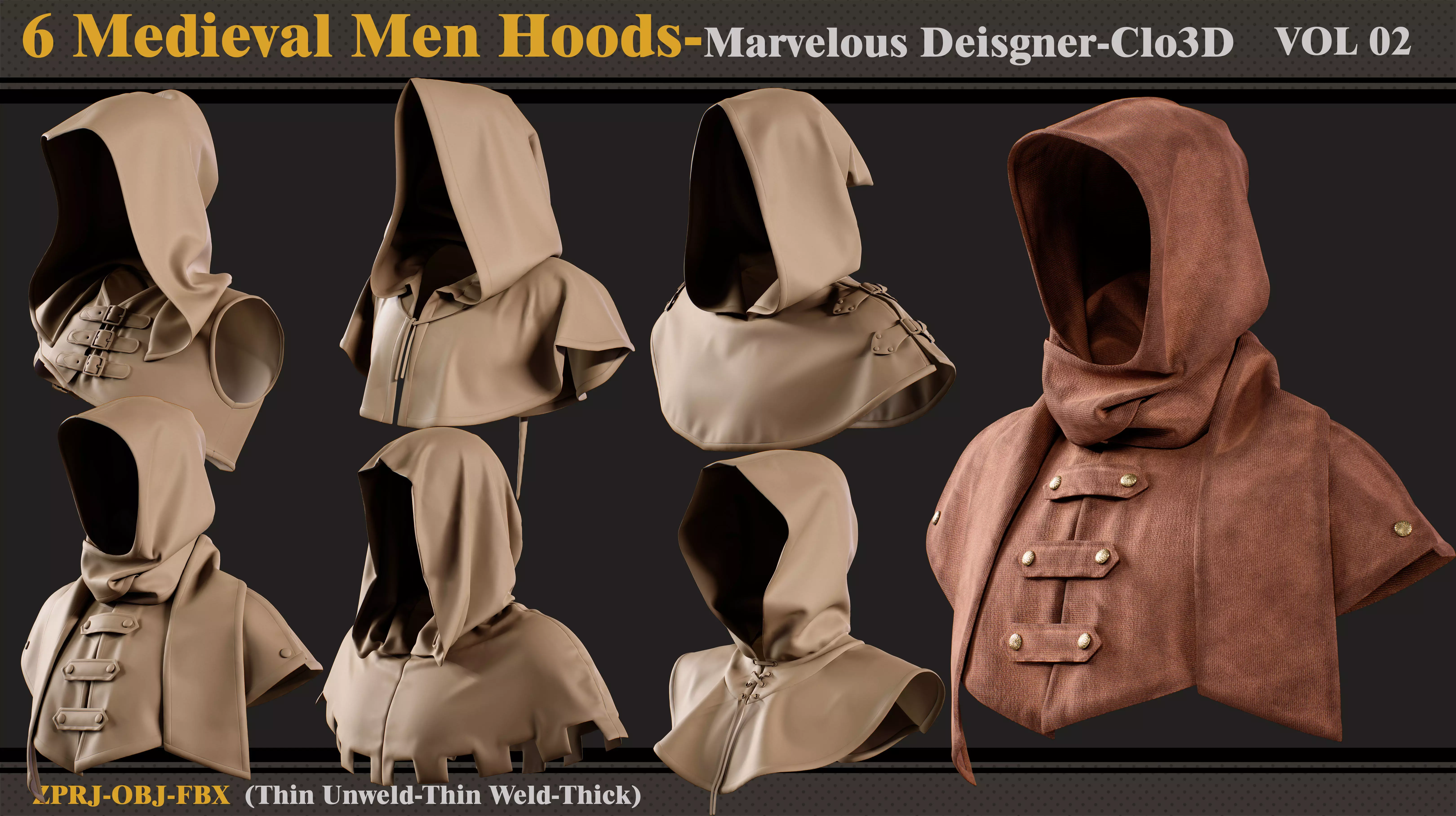 6 Medieval Men Hoods-Md-Clo3D-ZPRJ-FBX -OBJ 3D model_0