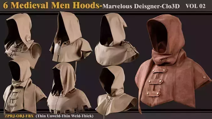 6 Medieval Men Hoods-Md-Clo3D-ZPRJ-FBX -OBJ 3D model