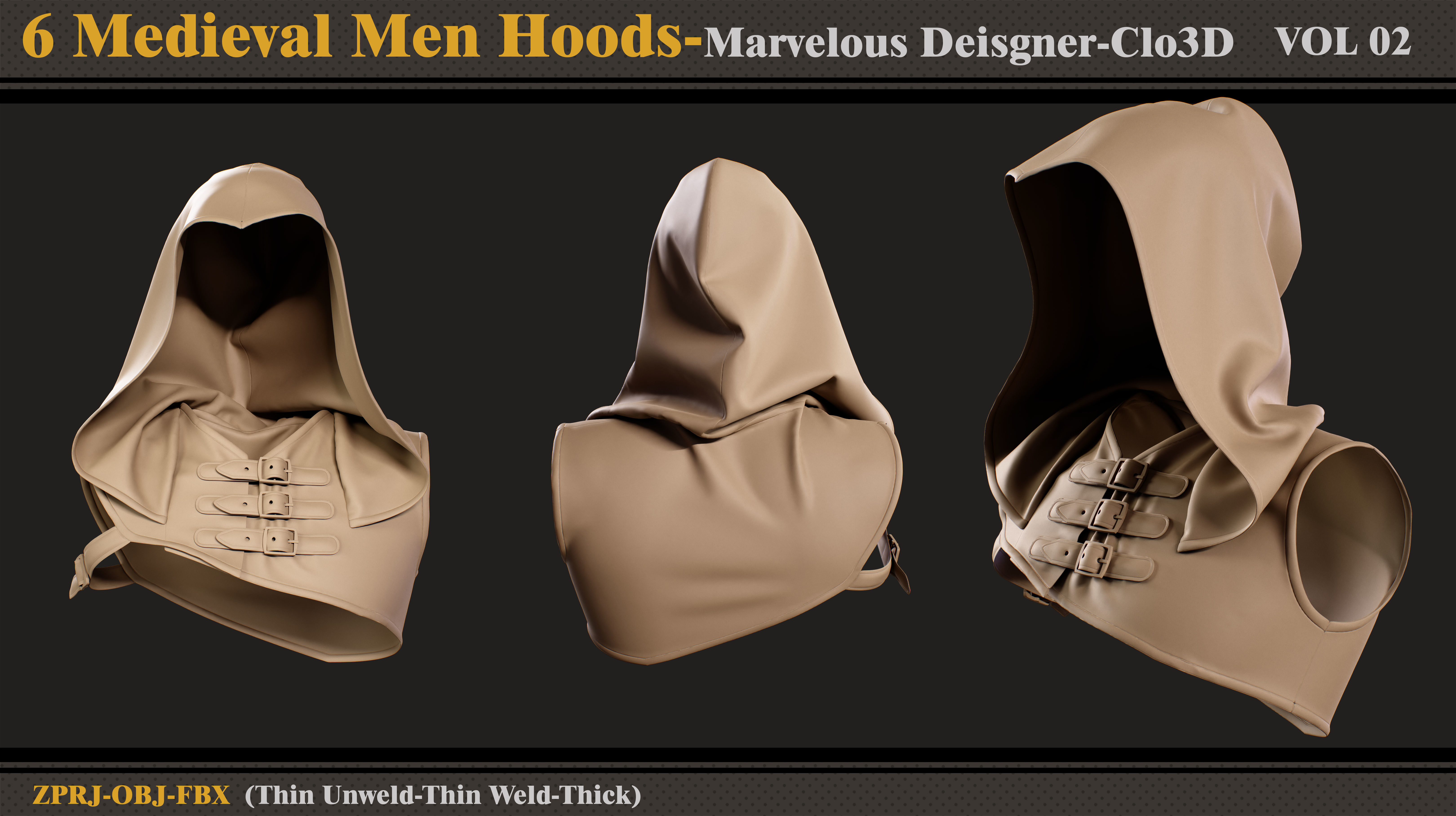 6 Medieval Men Hoods-Md-Clo3D-ZPRJ-FBX -OBJ 3D model_2