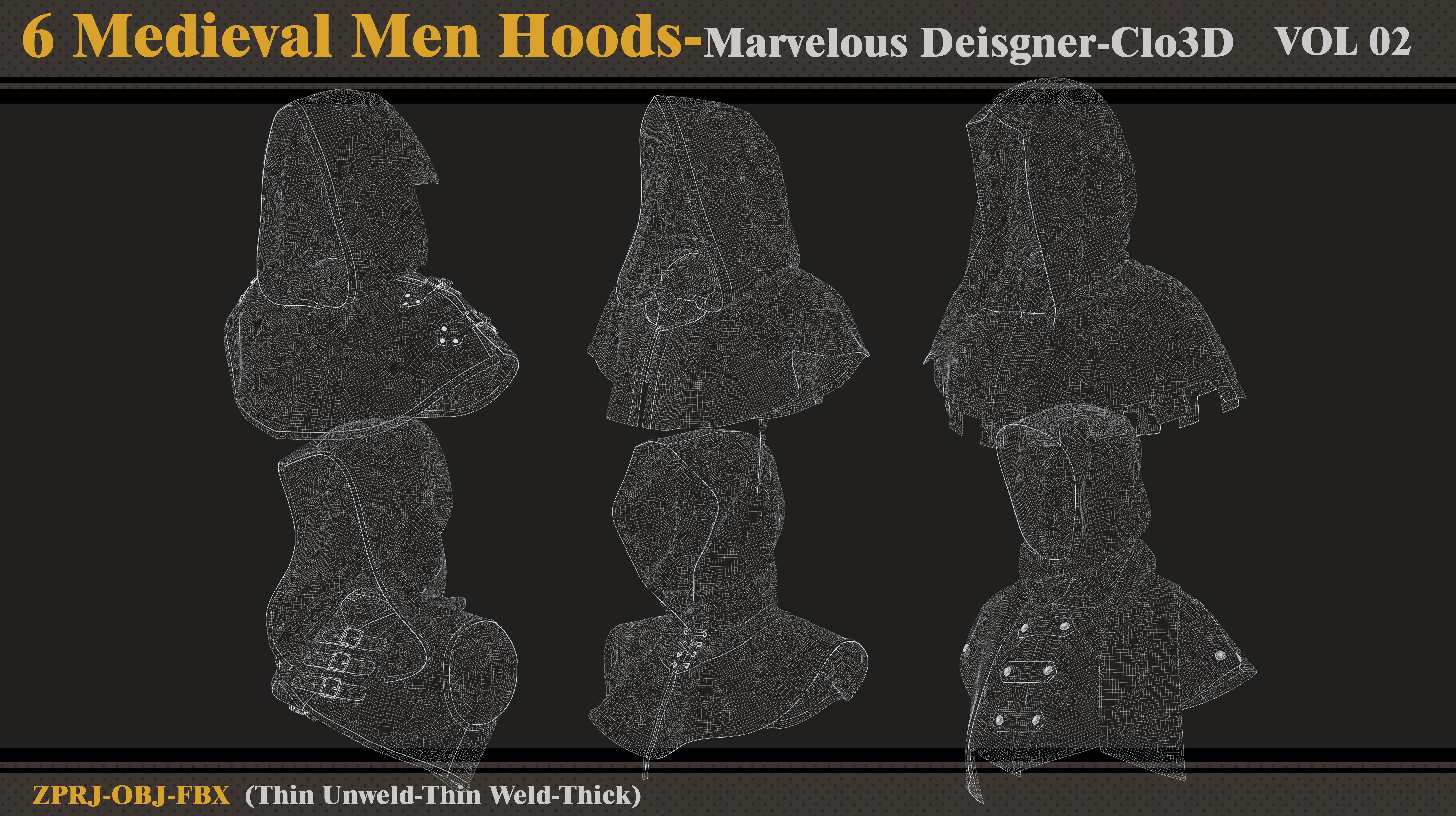 6 Medieval Men Hoods-Md-Clo3D-ZPRJ-FBX -OBJ 3D model_7