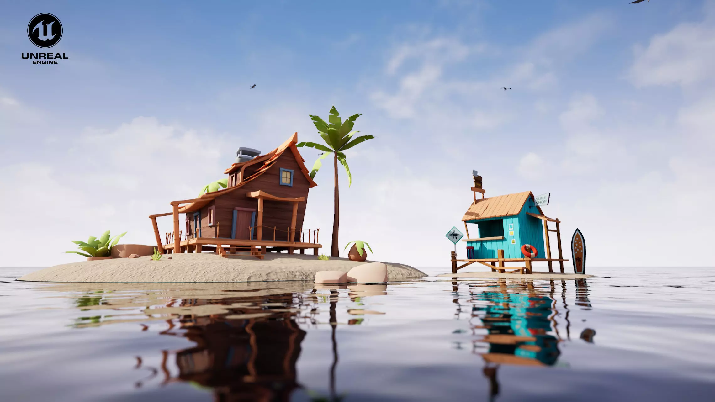 Beach House and Hut Low-poly 3D model_0