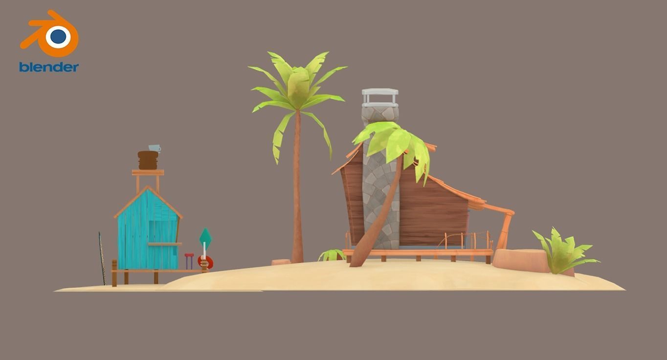 Beach House and Hut Low-poly 3D model_9