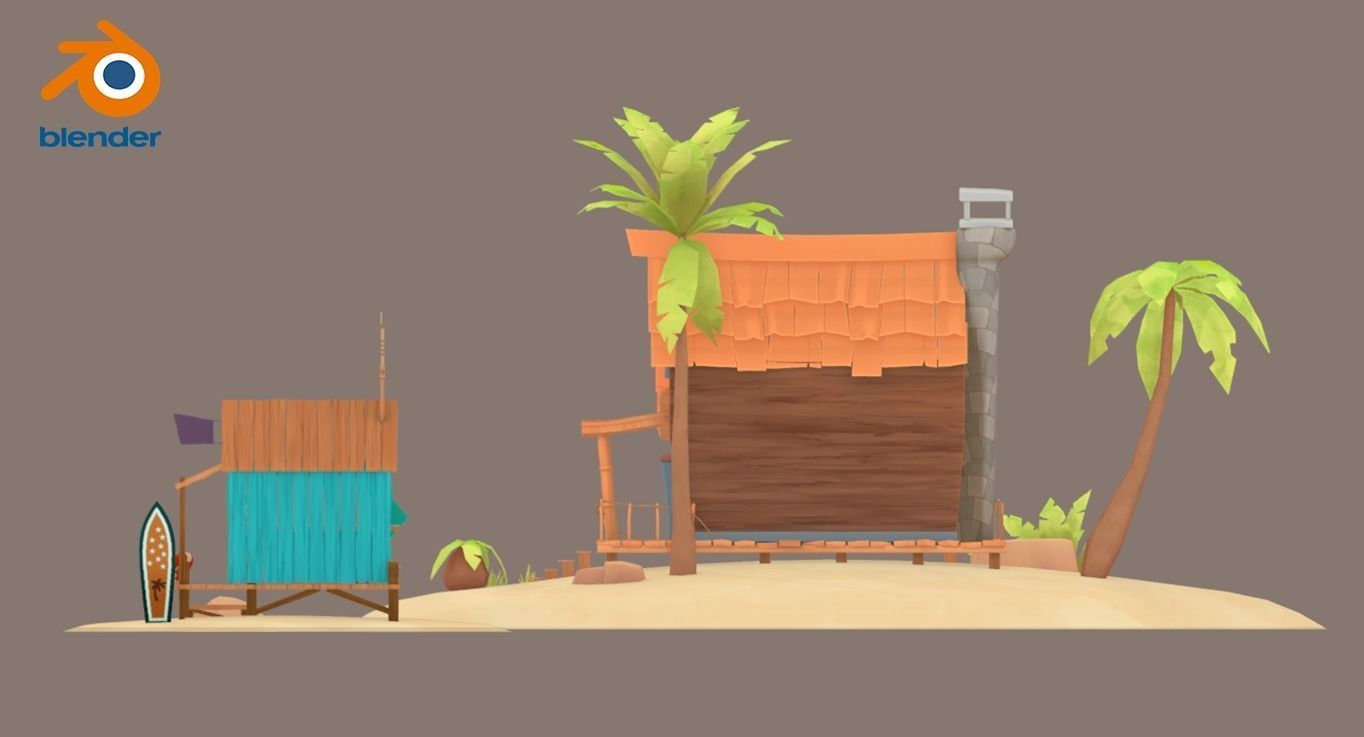 Beach House and Hut Low-poly 3D model_8