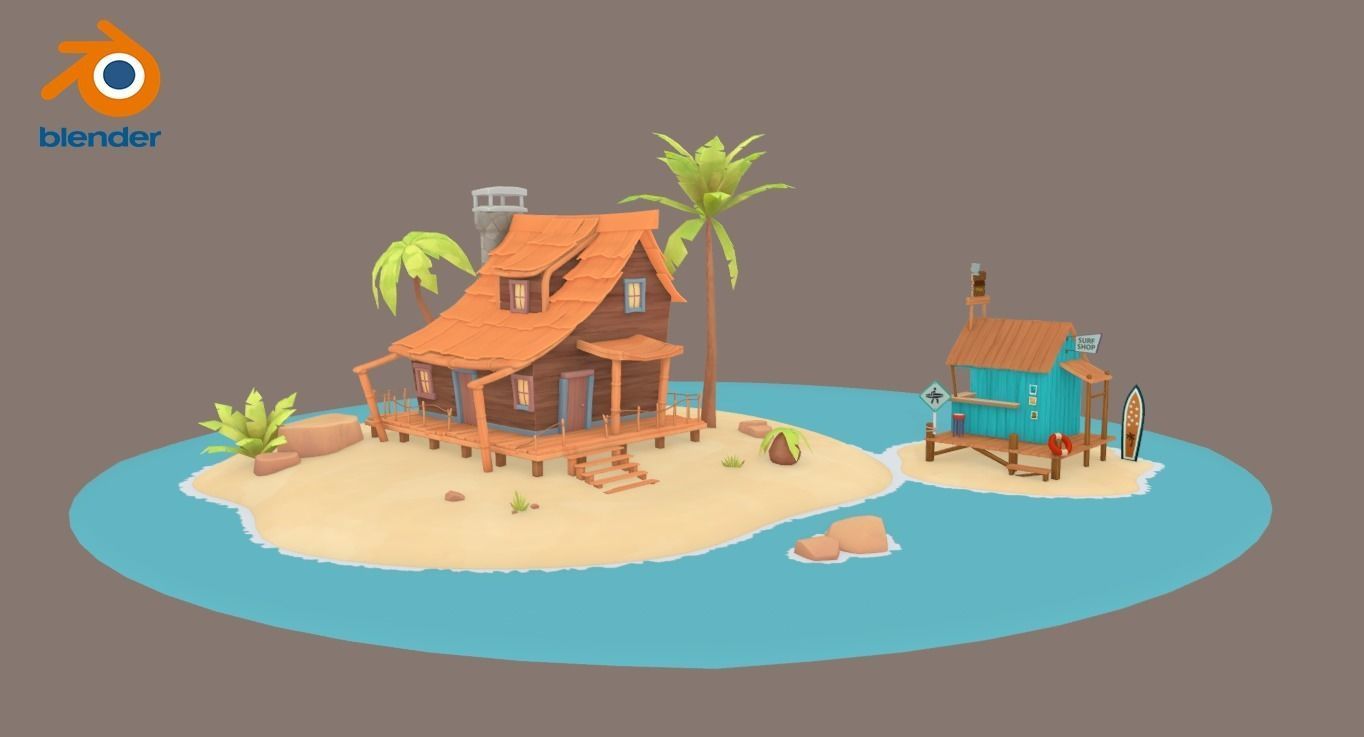 Beach House and Hut Low-poly 3D model_5