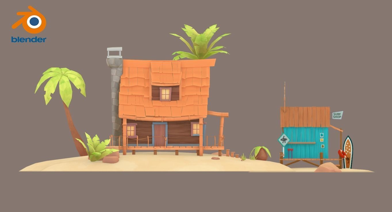 Beach House and Hut Low-poly 3D model_7
