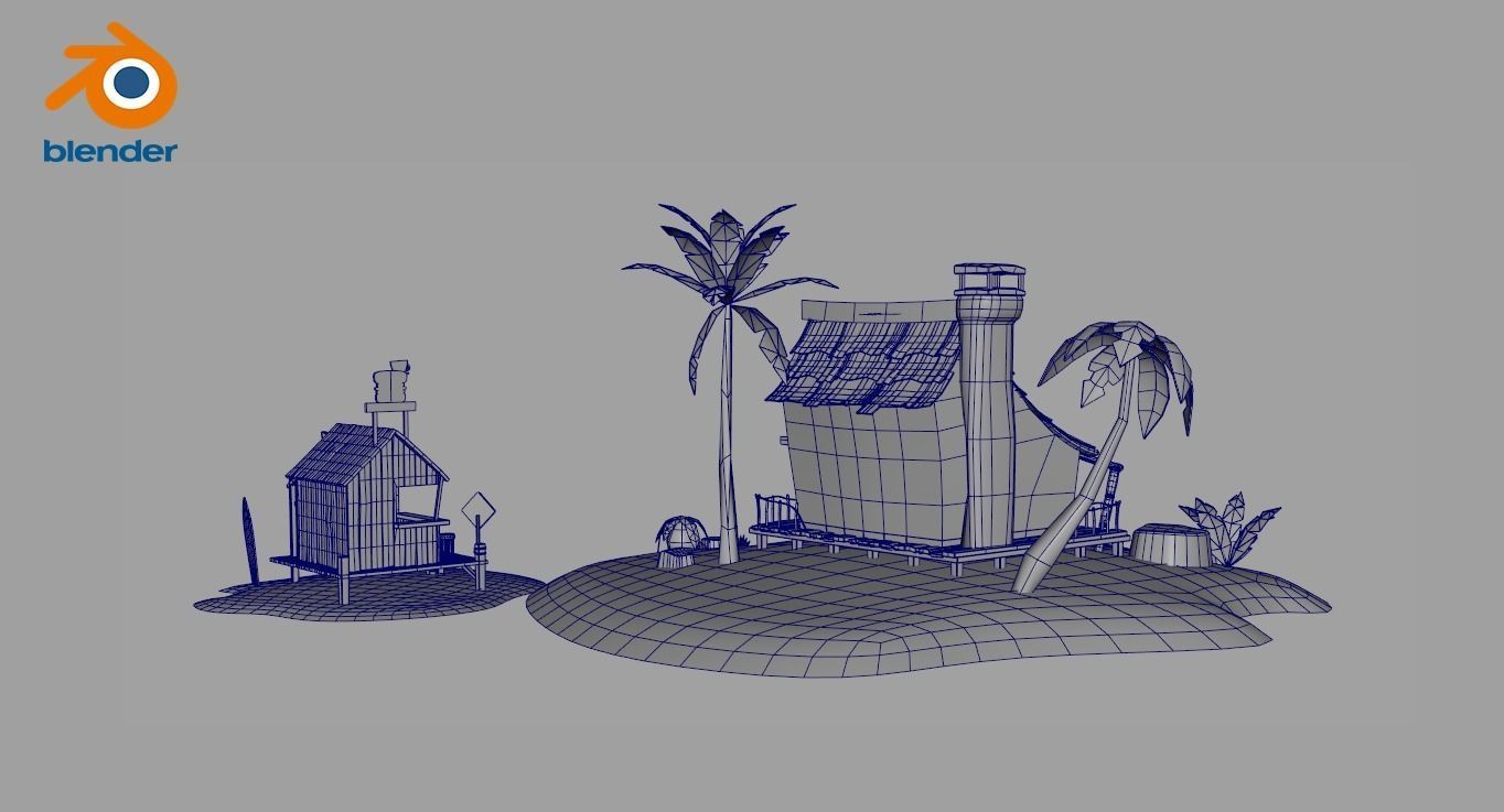Beach House and Hut Low-poly 3D model_13
