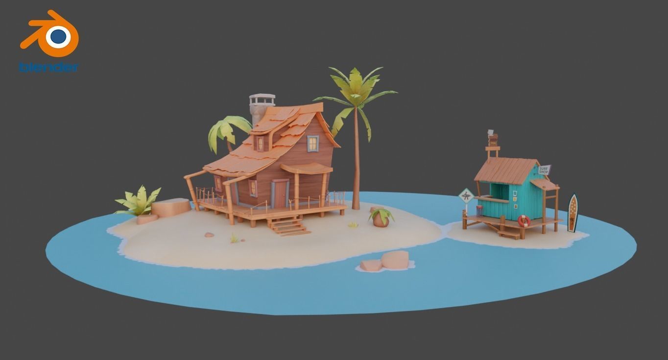 Beach House and Hut Low-poly 3D model_10