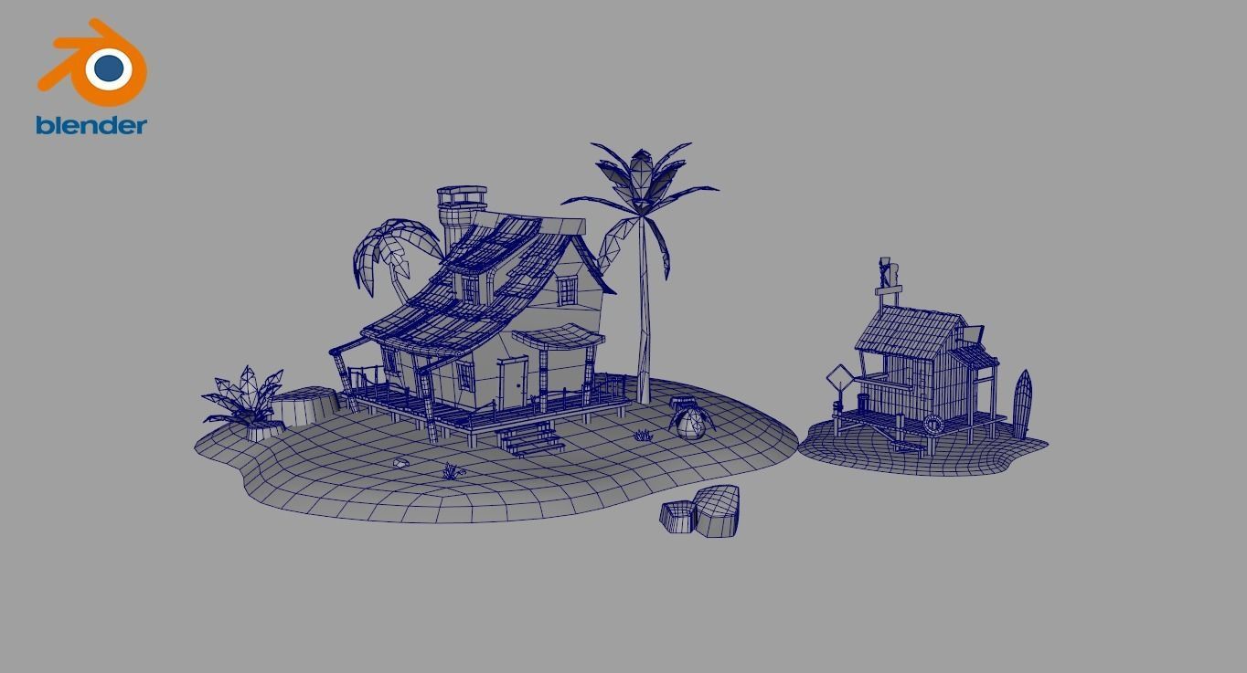 Beach House and Hut Low-poly 3D model_11