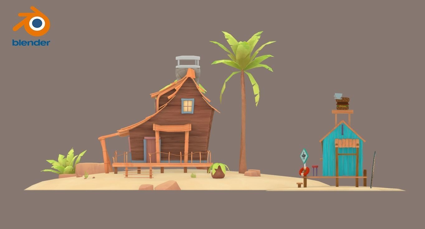 Beach House and Hut Low-poly 3D model_6