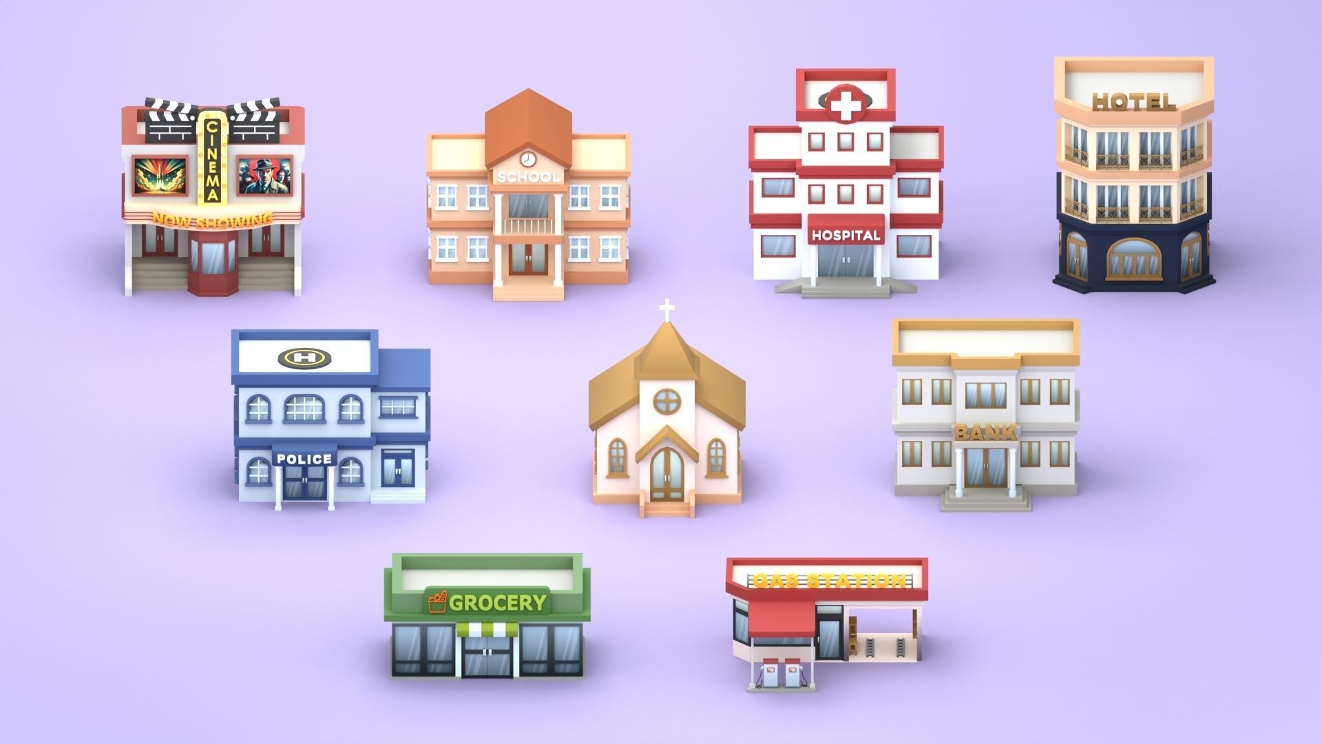 Cartoon Low Poly Building Pack Set2 Low-poly 3D model_2