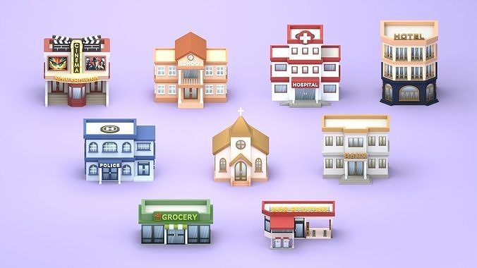 Cartoon Low Poly Building Pack Set2 Low-poly 3D model 2