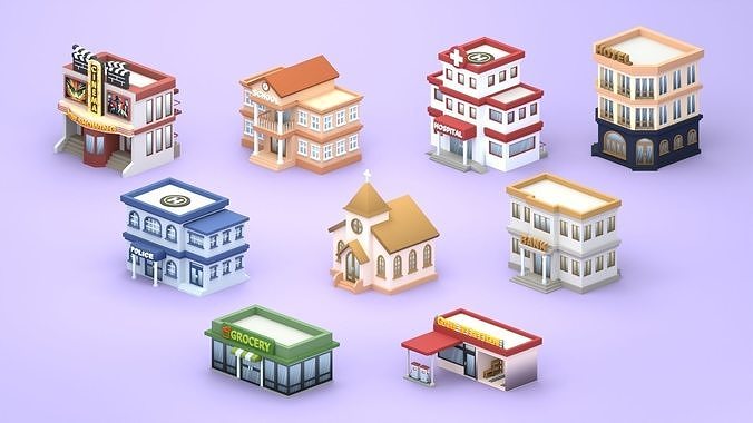 Cartoon Low Poly Building Pack Set2 Low-poly 3D model 3