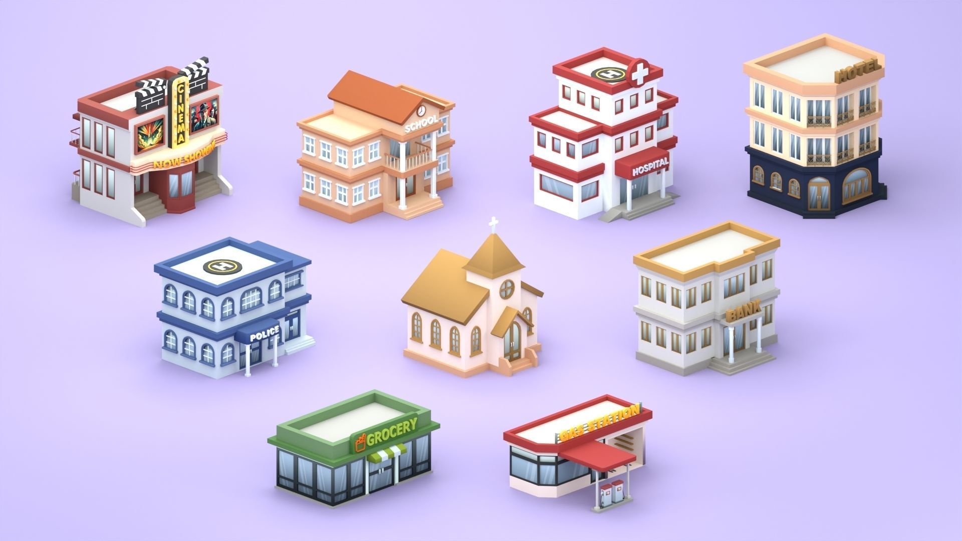 Cartoon Low Poly Building Pack Set2 Low-poly 3D model_4