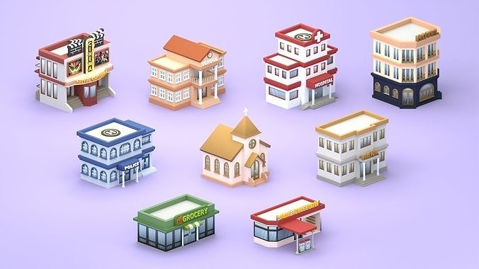 Cartoon Low Poly Building Pack Set2 Low-poly 3D model 4