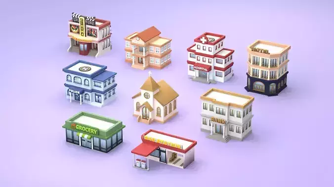 Cartoon Low Poly Building Pack Set2 Low-poly 3D model