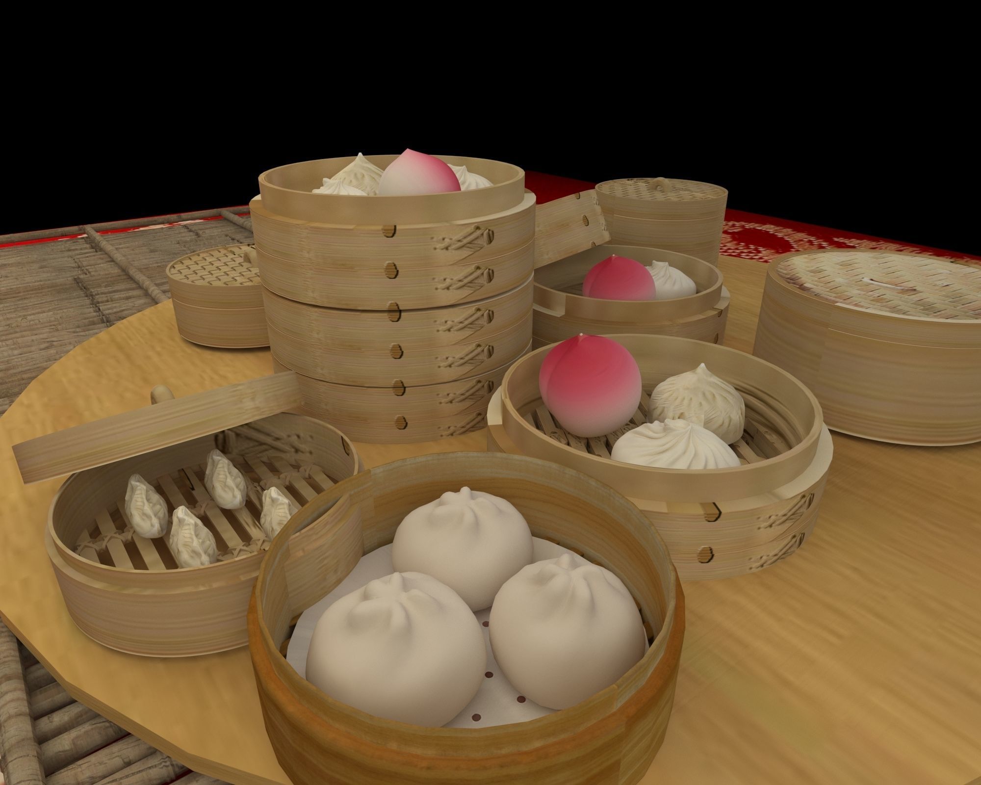 Chinese dim sum bamboo steamer 3D model_1