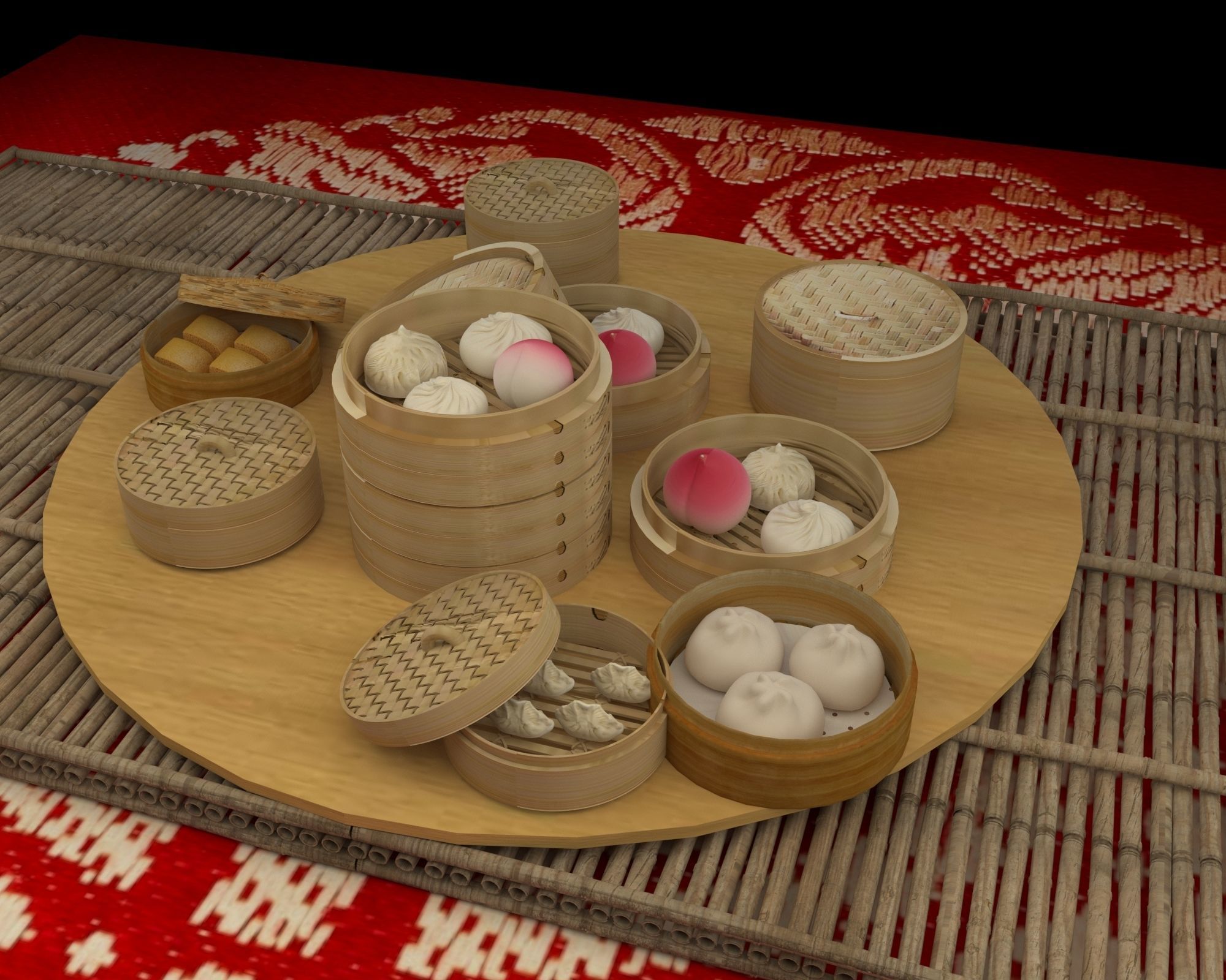 Chinese dim sum bamboo steamer 3D model_3