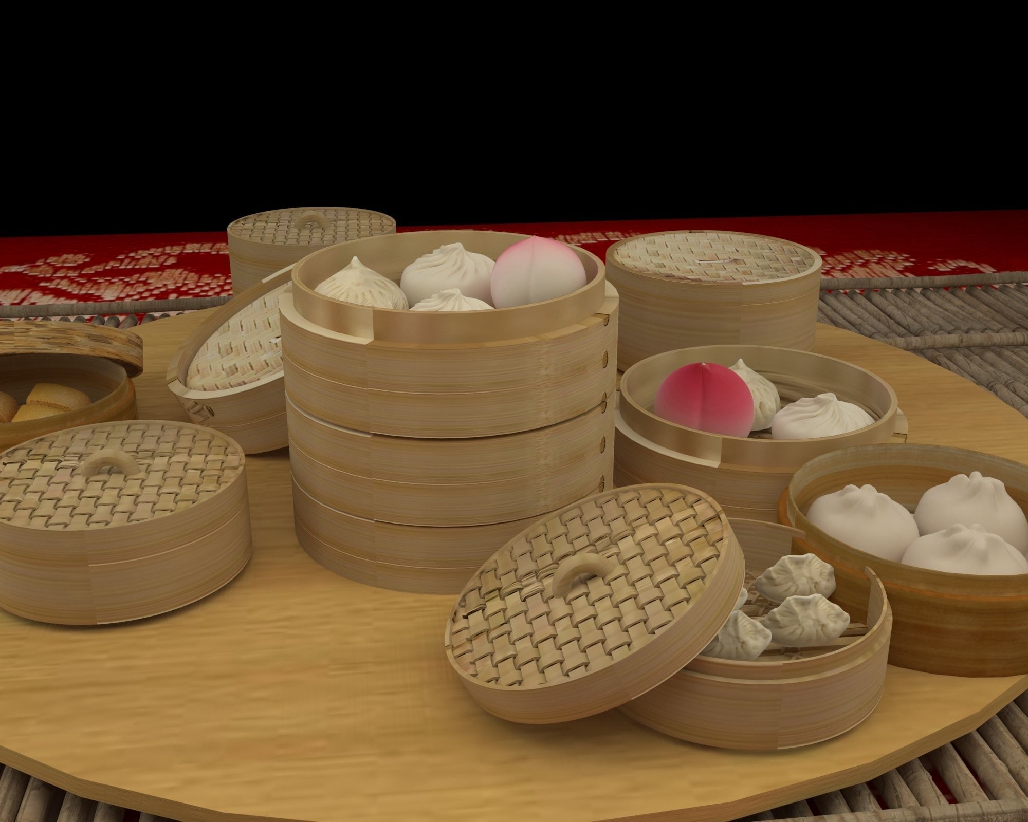 Chinese dim sum bamboo steamer 3D model_4