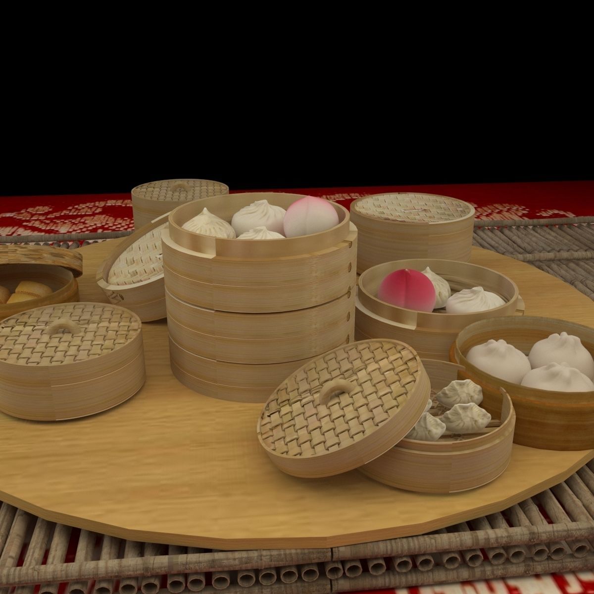 Chinese dim sum bamboo steamer 3D model_5