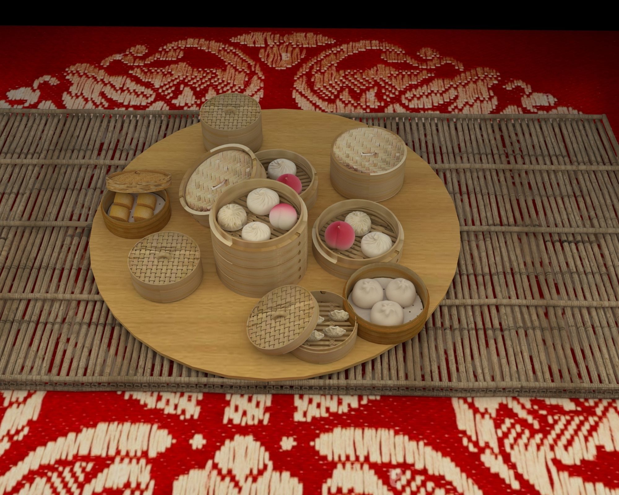 Chinese dim sum bamboo steamer 3D model_2