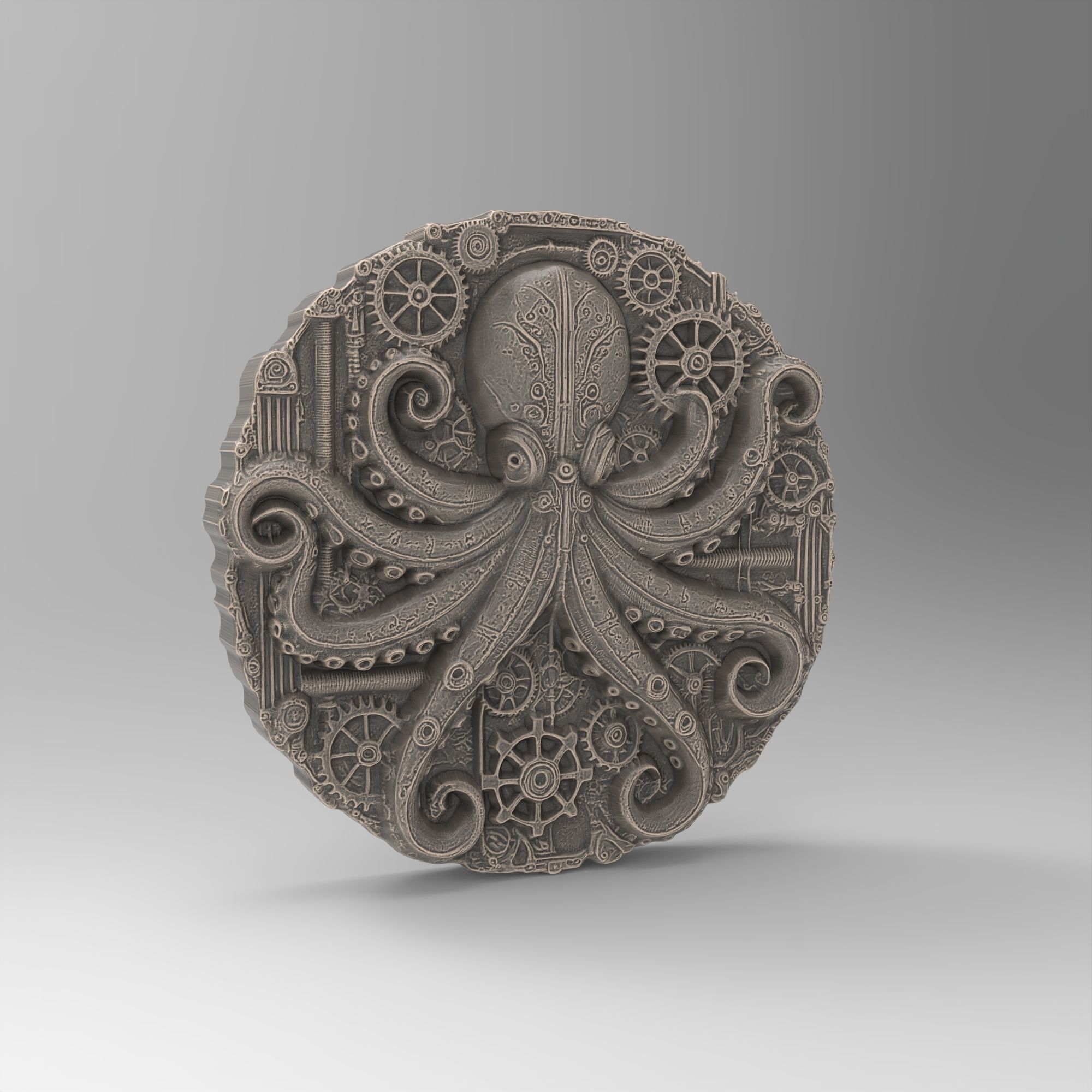 Steampunk Octopus Coin Plaque -Detailed Mechanical Decor 3D print model_3