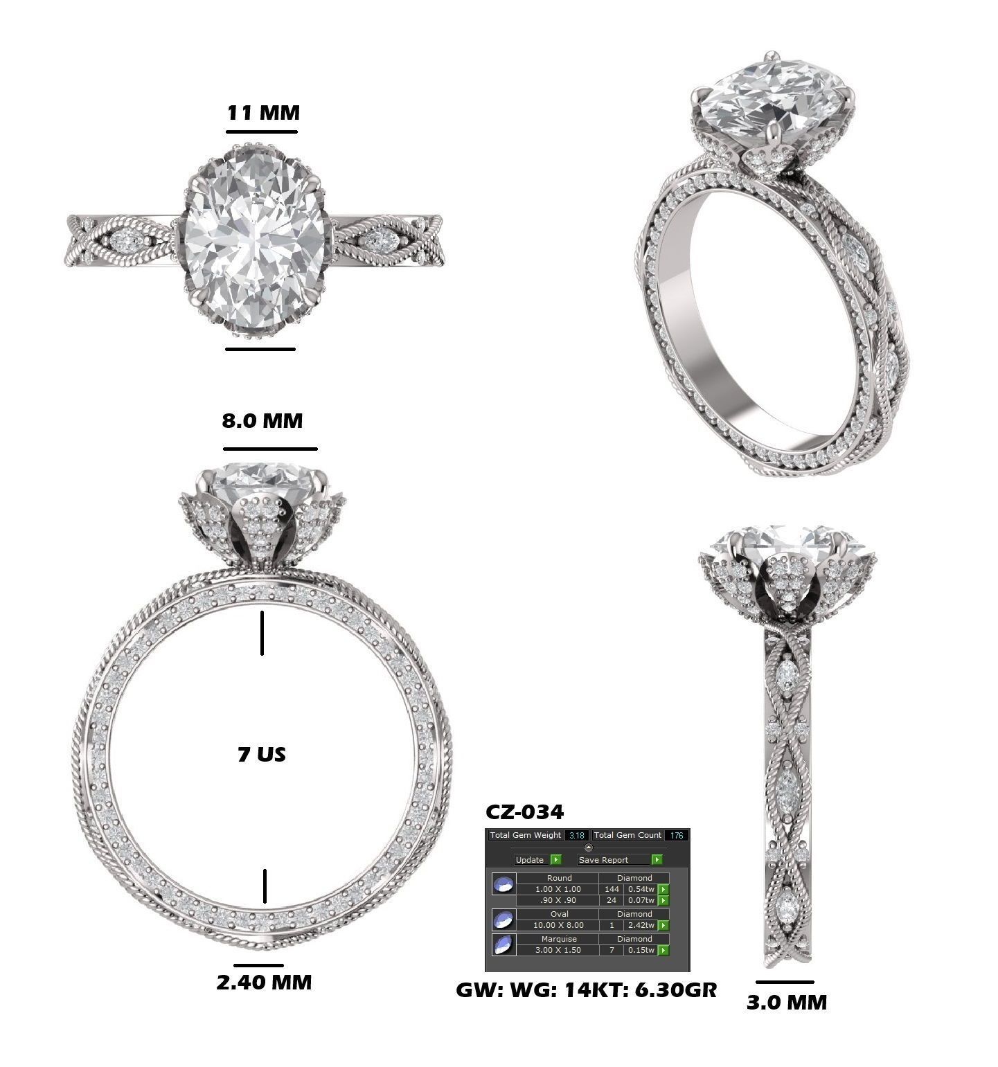 Elegant Oval Diamond Engagement Ring 3d Model 3D print model_4
