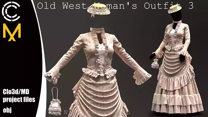Old West Womans Outfit 3 - Marvelous Designer project and OBJ