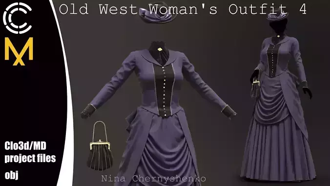 Old West Womans Outfit 4 - Marvelous Designer project and OBJ