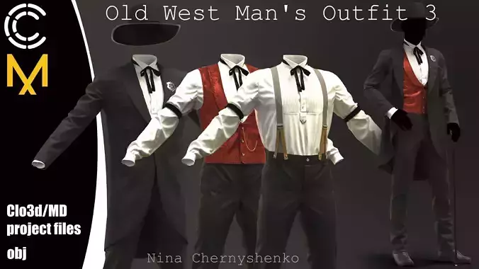 Old West Mans Outfit 3 - Marvelous Designer project and OBJ