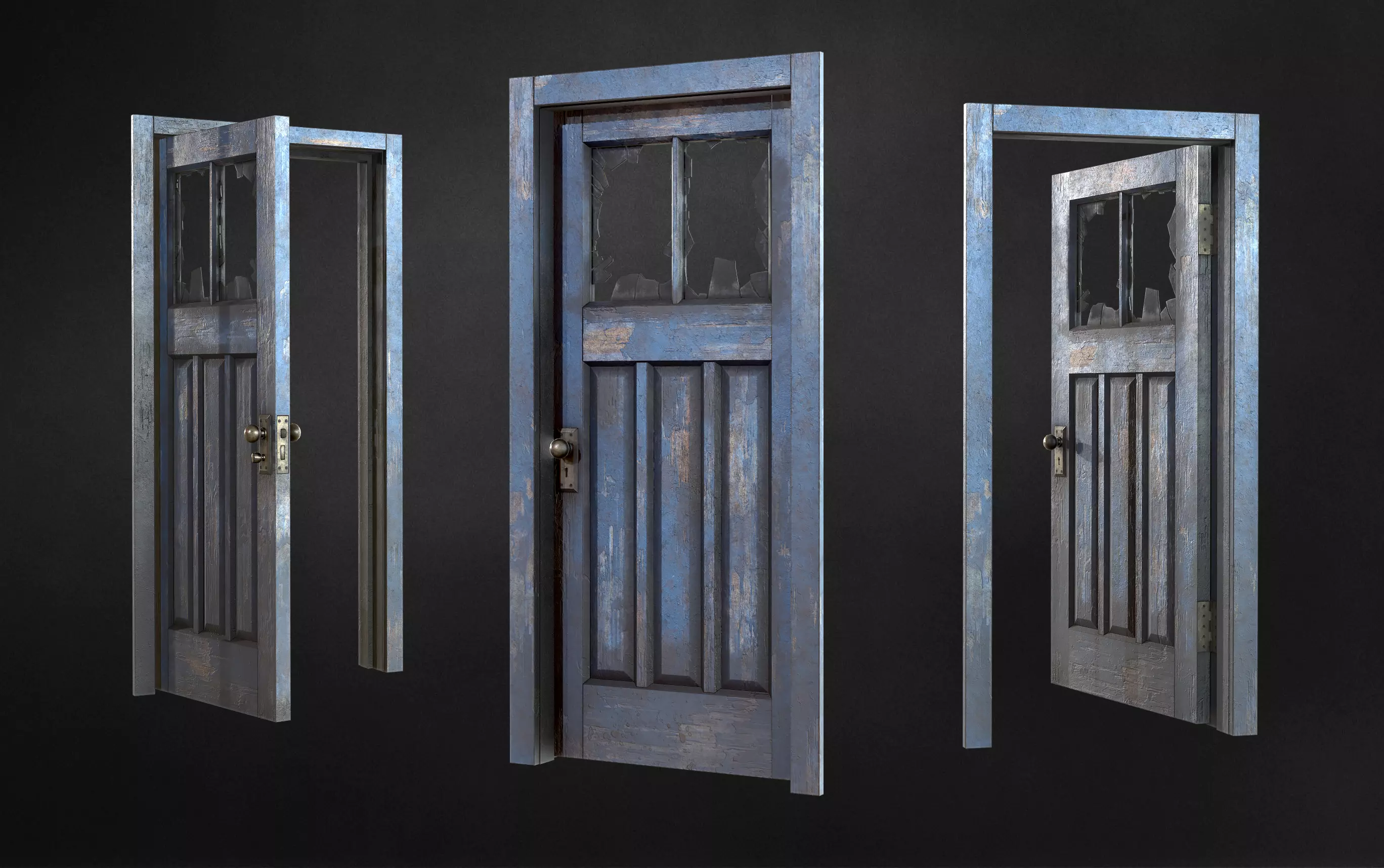 Old Door with broken window Low-poly 3D model_0
