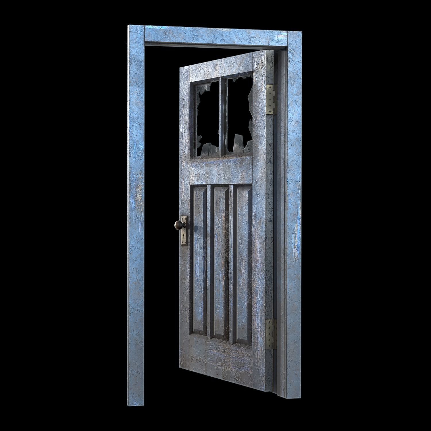 Old Door with broken window Low-poly 3D model_4