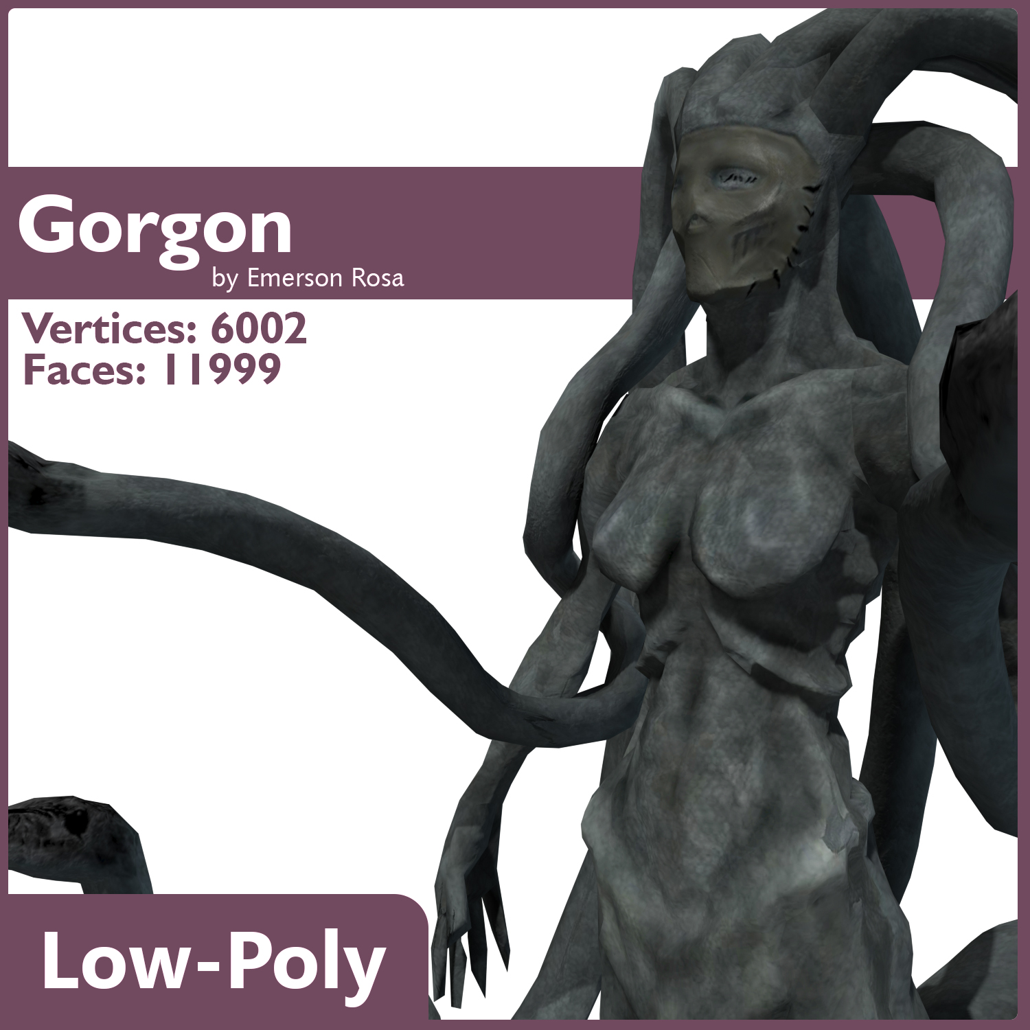 Gorgon female creature with long tentacles Low-poly 3D model_8