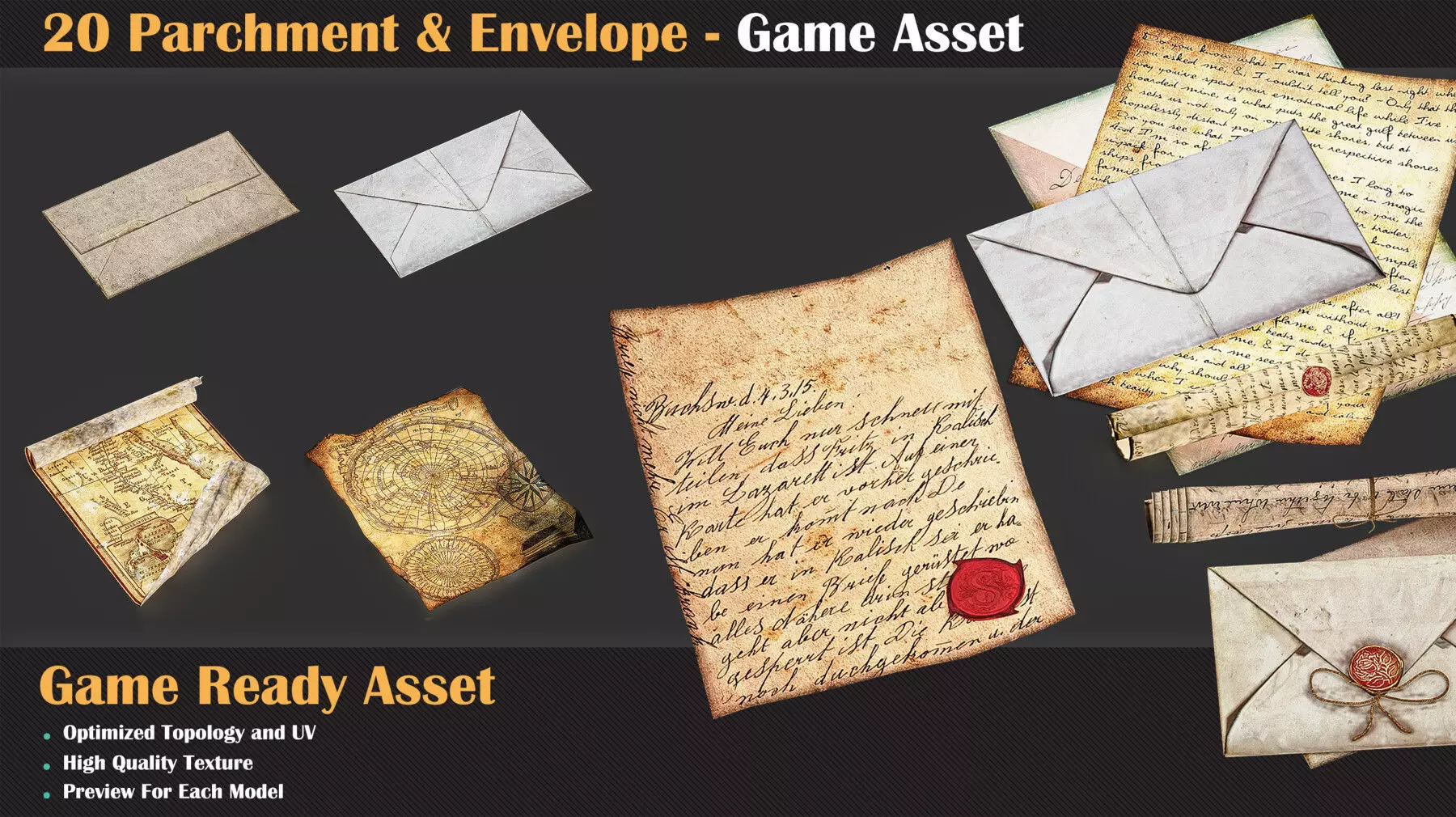 20 Parchment and Envelope - Game Asset   3D model_0