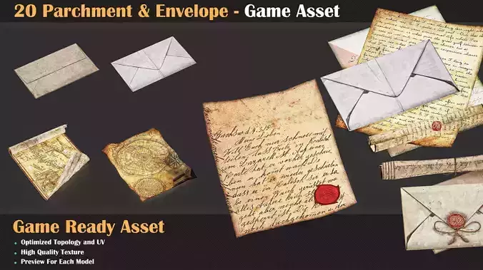20 Parchment and Envelope - Game Asset  