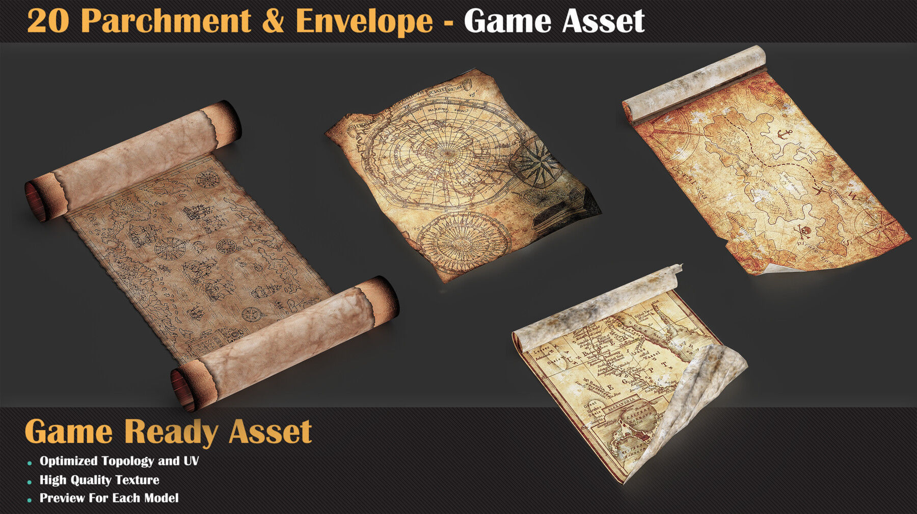 20 Parchment and Envelope - Game Asset   3D model_5