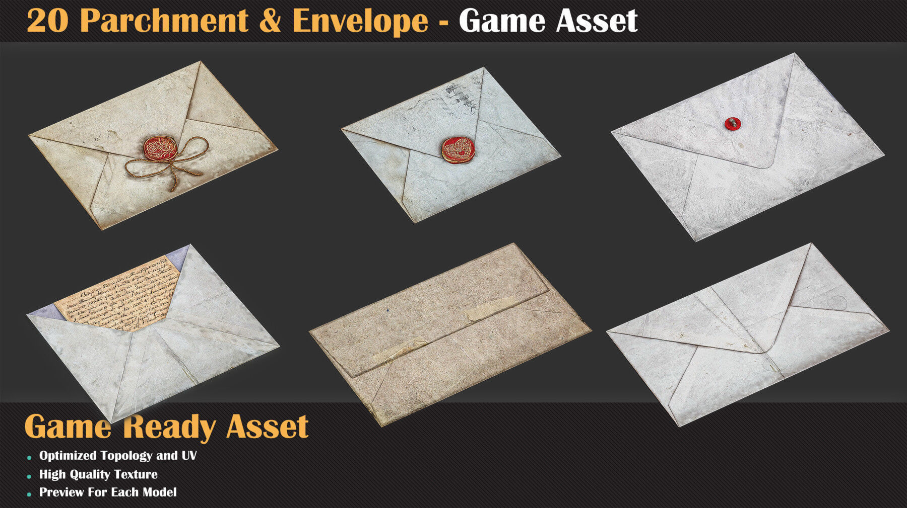 20 Parchment and Envelope - Game Asset   3D model_2