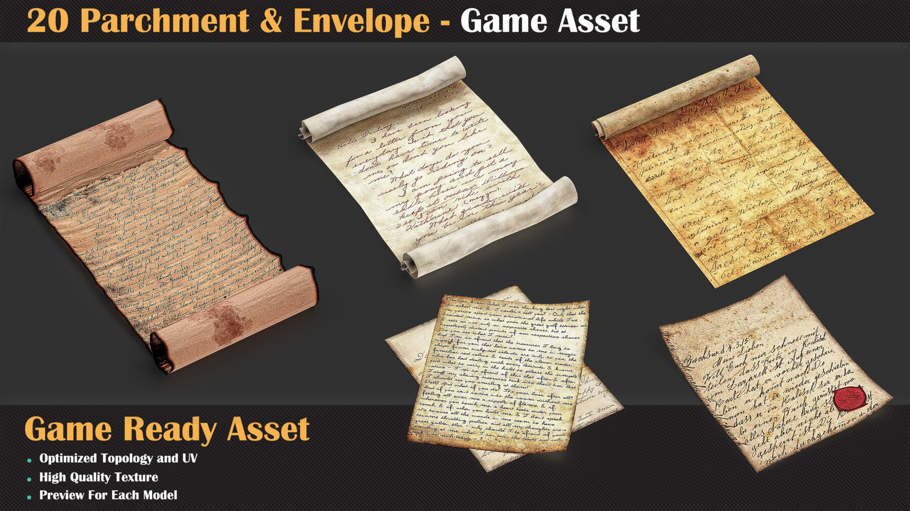 20 Parchment and Envelope - Game Asset   3D model_4
