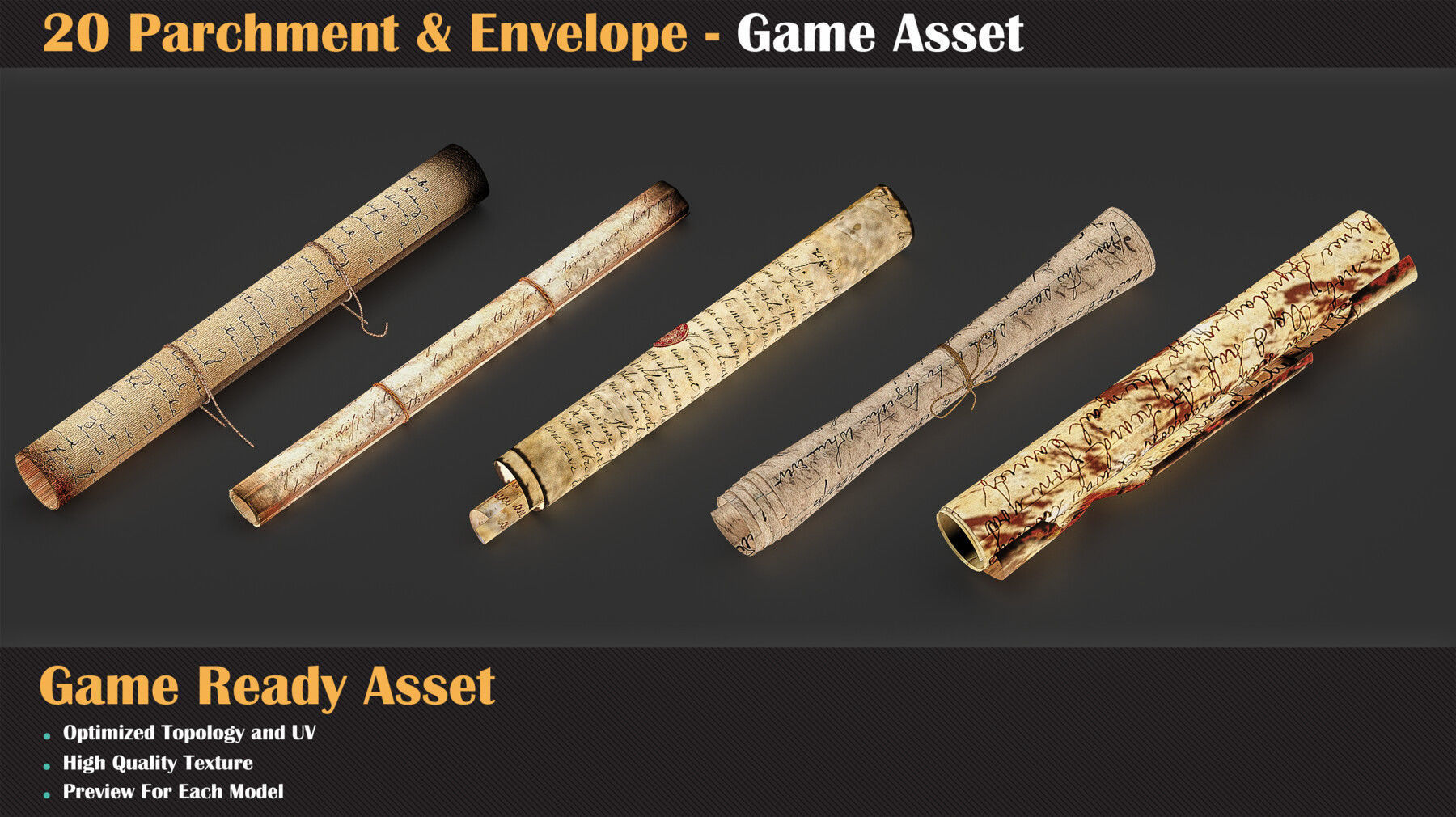 20 Parchment and Envelope - Game Asset   3D model_3