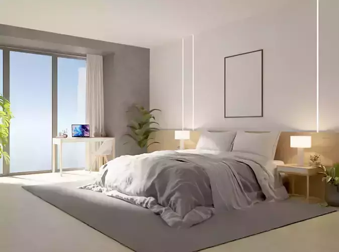 A modern tranquil bedroom with minimalist design 