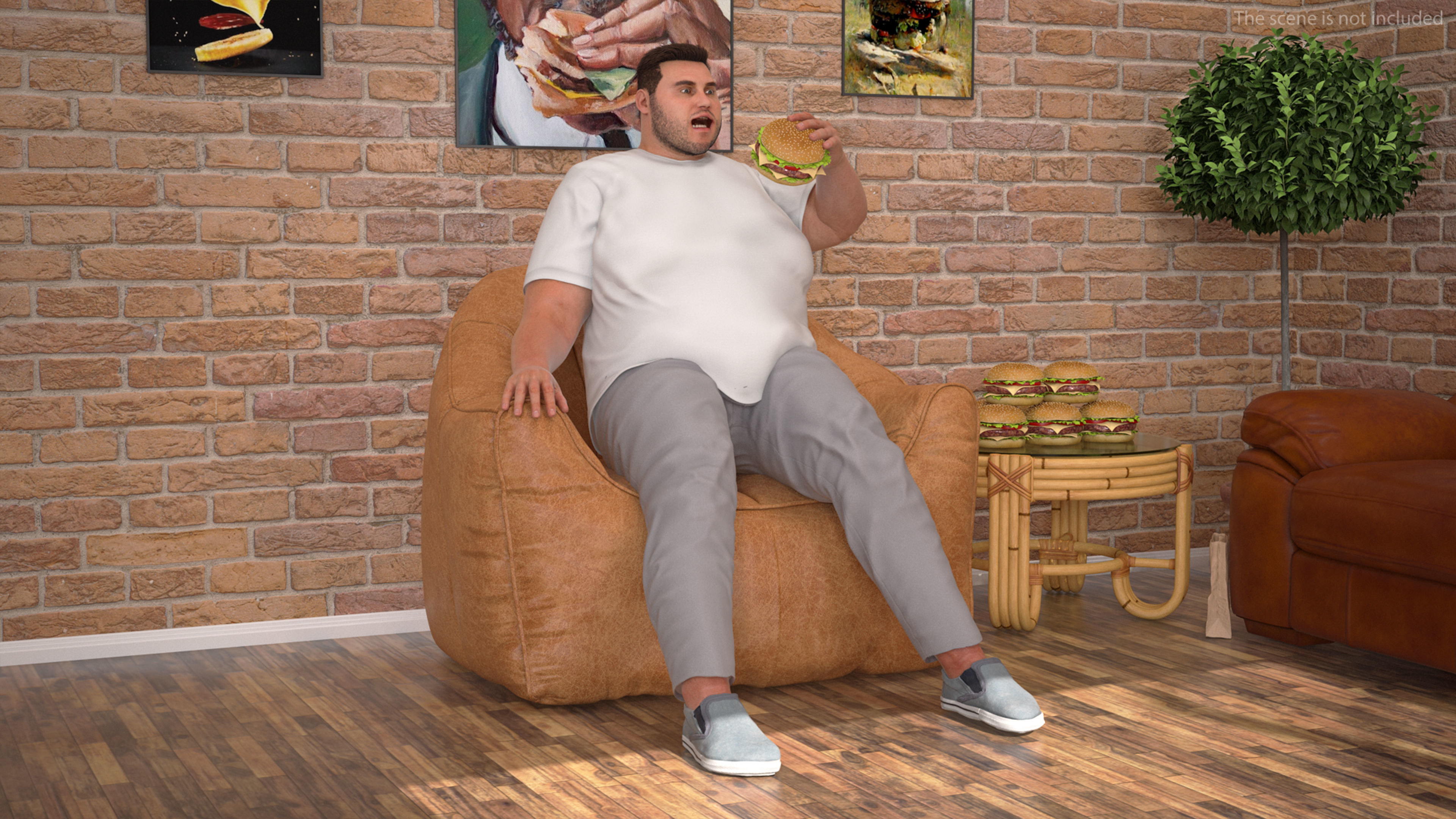 Fat Guy in a Chair Eating a Burger Fur 3D model