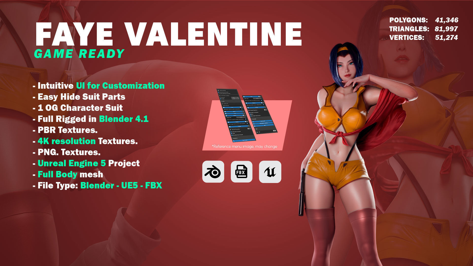 Faye Valentine - Cowboy Bebop - Game Ready 3D model - UE5 Low-poly 3D model_2