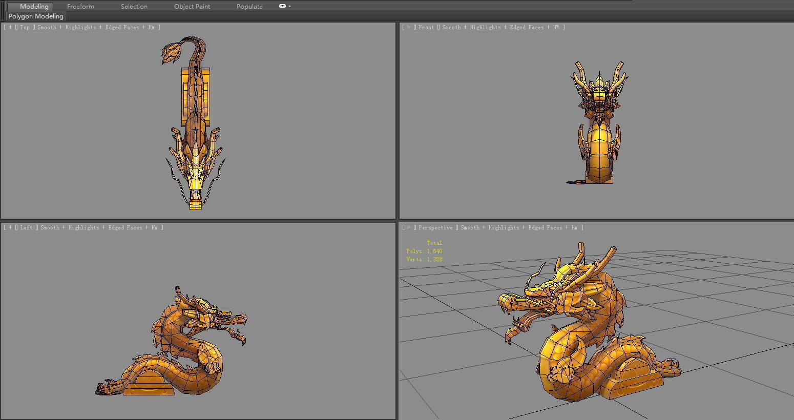 Cartoon Golden Dragon Sculpture Low-poly 3D model_5