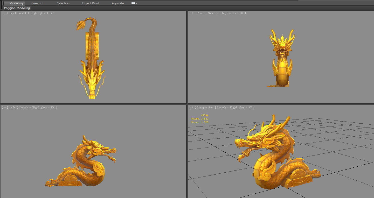 Cartoon Golden Dragon Sculpture Low-poly 3D model_4