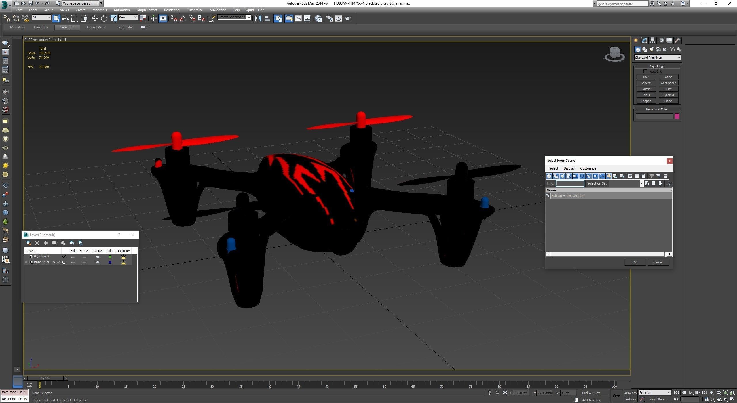 Hubsan X4 H107C BlackRed Low-poly 3D model_35