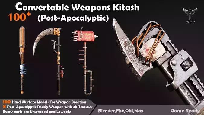 100 Convertable Weapons Kitbash Post-Apocalyptic Low-poly 3D model