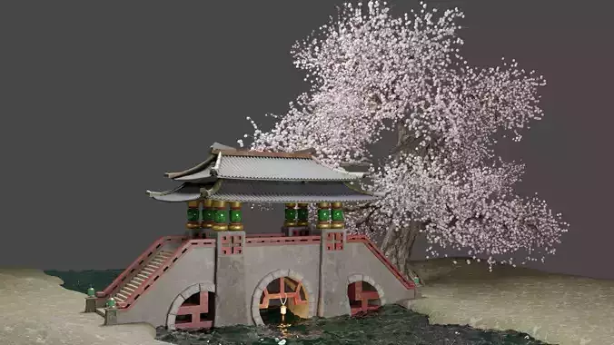 Realstic low poly Japanese bridge game asset  Low-poly 3D model