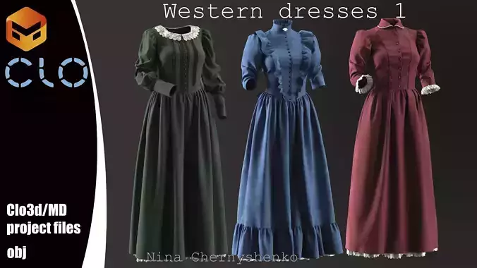 Western dresses 1 - Marvelous Designer project and OBJ