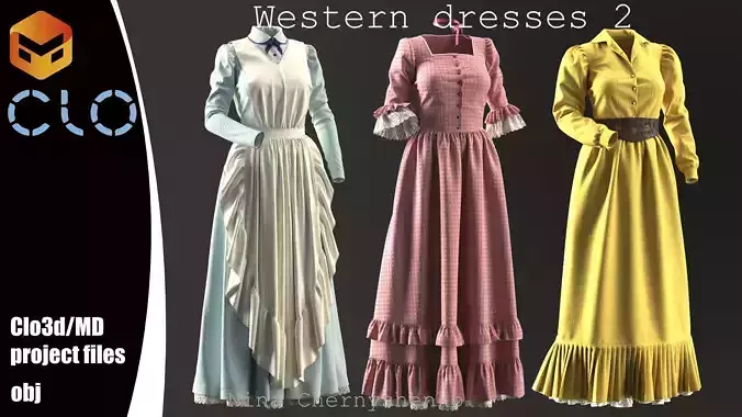 Western dresses 2 - Marvelous Designer project and OBJ