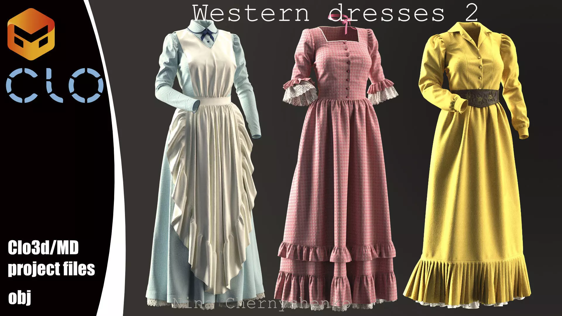 Western dresses 2 - Marvelous Designer project and OBJ 3D model